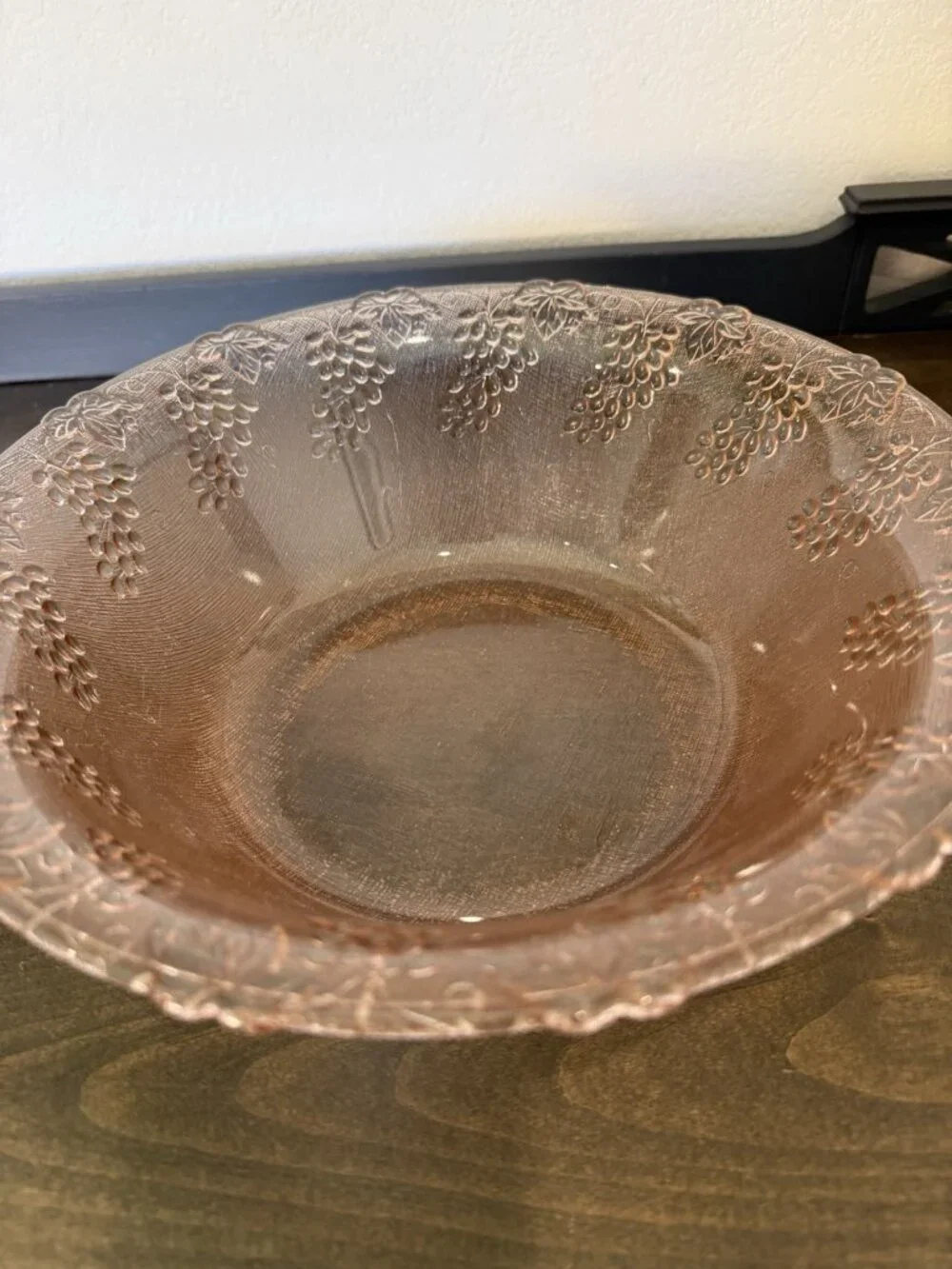 Antique Large Pink Depression Glass Round Fruit Serving Bowl Embossed /Grapes